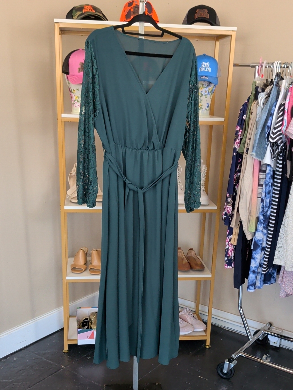 Deep Green Lace-Sleeve Midi Dress with Self-Tie Waist